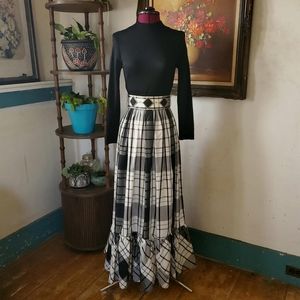 Vintage late 60s/early 70s black and white maxi dress with plaid skirt and match